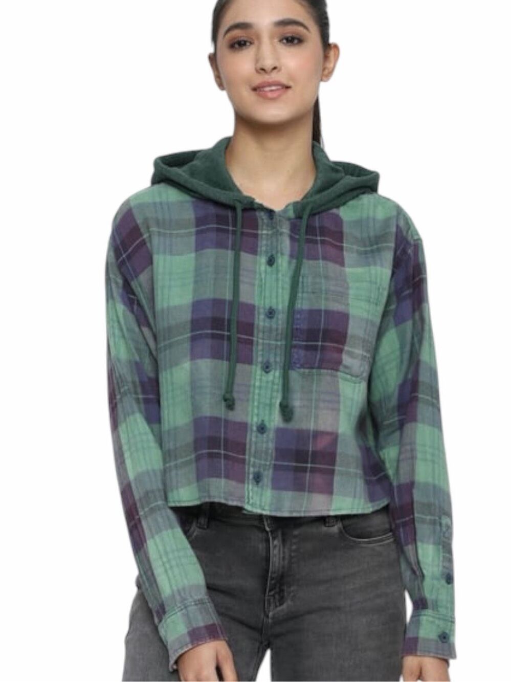 AMERICAN EAGLE Cropped Hooded Flannel Shirt Green Purple Plaid Medium